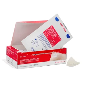 Box of SURGICEL Fibrillar Absorbable Hemostat with product specifications.